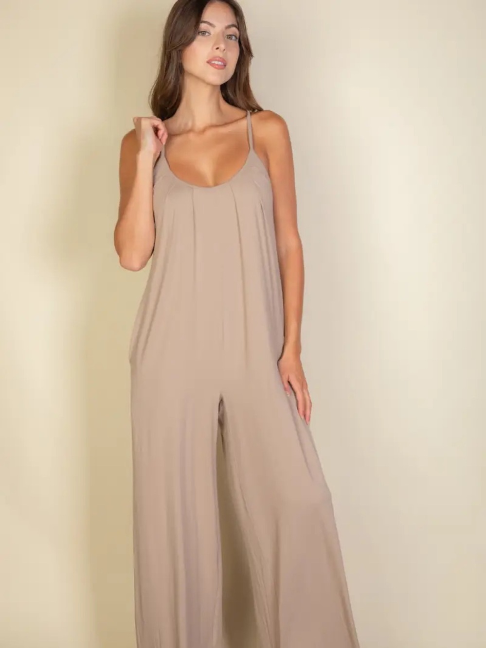 Sleeveless Wide-Leg Jumpsuit in Taupe
